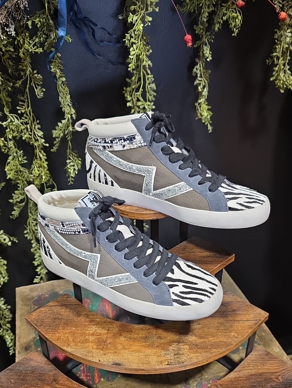 Gianni Bini Leather Black, White & Gray Zebra( Cowhide) High-Top Sneakers